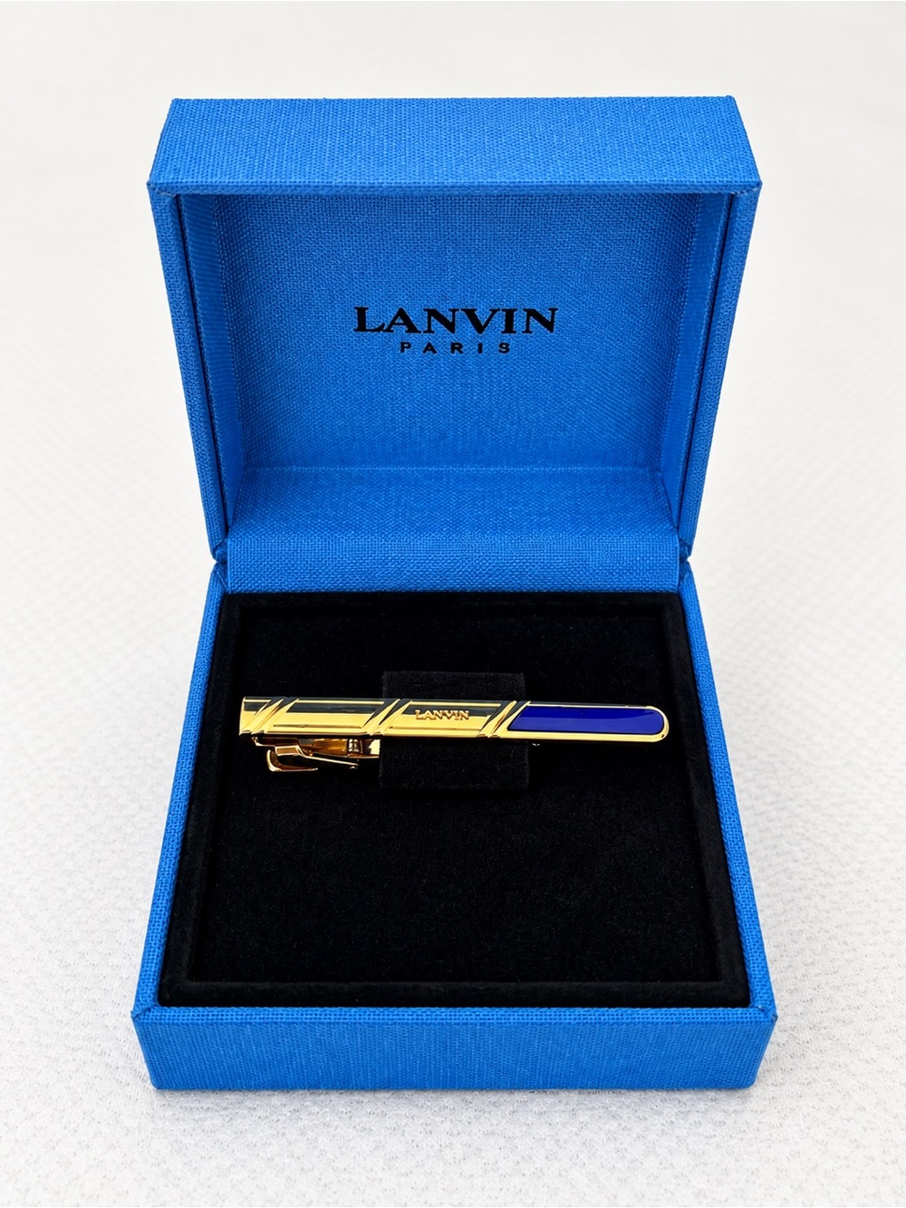 Vintage Lanvin Paris Gold-Plated Blue Enamel Tie Clip w/ Box